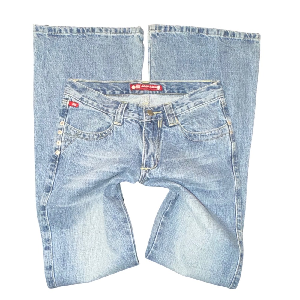 Vintage Y2K Good Show Flare Jeans Rhinestone Mesh Pocket Studded Low Rise 27x32⁠